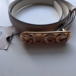Gucci Women's Belt with Gold Logo and White Strap